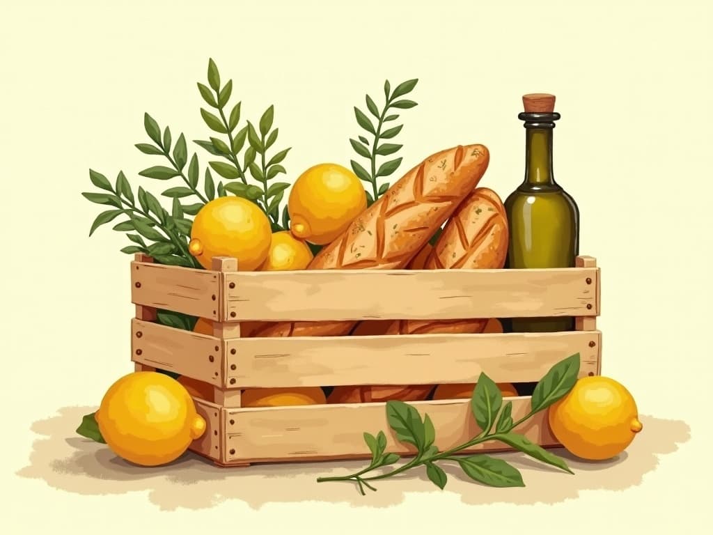 Hand-painted illustration of a market crate with bread, lemons, and olive oil